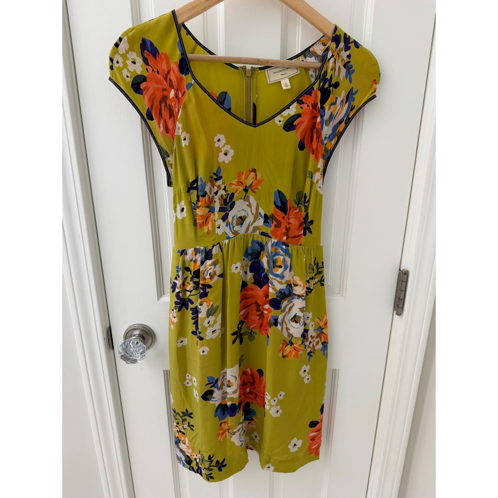 Moulinette Soeurs Anthropologie Floral Silk V-Neck Dress Chartreuse Yellow 2